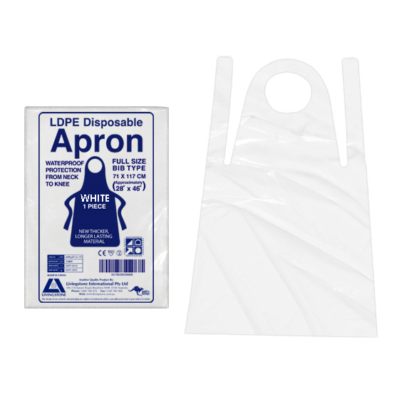 Livingstone Disposable Apron 71 x 117cm LDPE Bib Type 100/Box - White x30