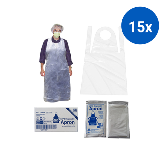 Livingstone Premium Thick Disposable Apron 85 x 150cm LDPE 20um Bib Type 100 Packs/Box - White x15