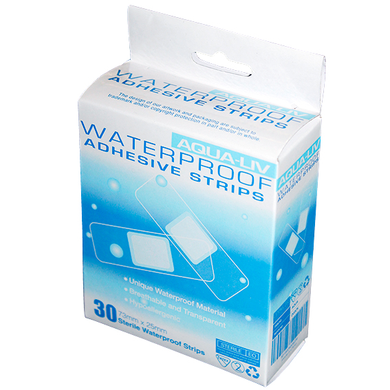 Aqua-Liv Waterproof First Aid Adhesive Strips with Pad 7.3 x 2.5cm Sterile 30/Box - Transparent x95