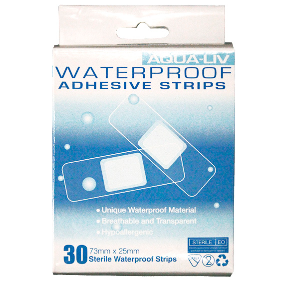 Aqua-Liv Waterproof First Aid Adhesive Strips with Pad 7.3 x 2.5cm Sterile 30/Box - Transparent x95