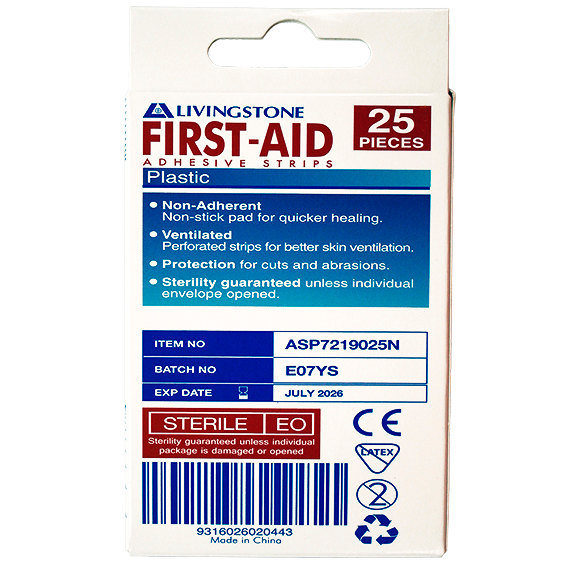 Livingstone Superior Adhesive Recyclable Plastic Strips 72 x 19mm Latex Free 25/Box - White x270