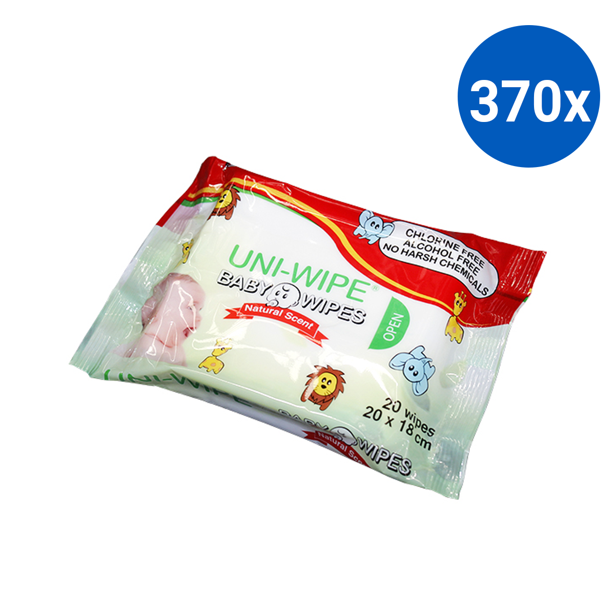 UNI-Wipe Baby Wipes Natural Scent Perfume-Free 20 x 18cm 20 Wipes/Resealable Pack - White x370