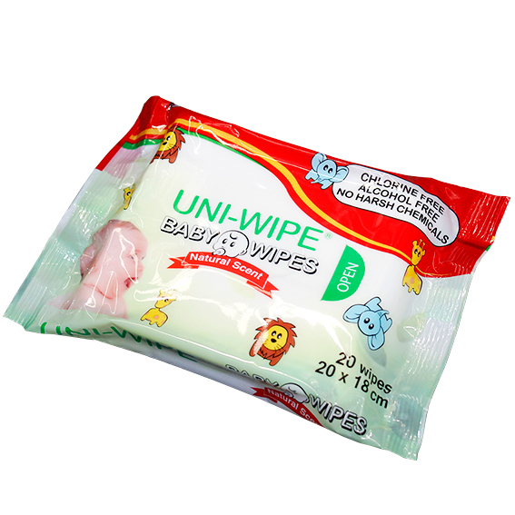 UNI-Wipe Baby Wipes Natural Scent Perfume-Free 20 x 18cm 20 Wipes/Resealable Pack - White x370