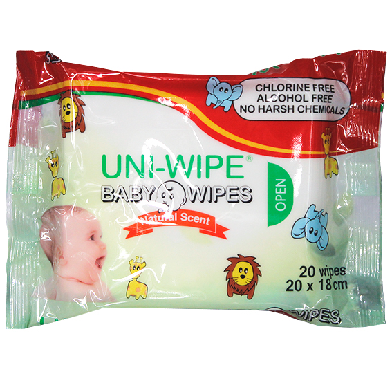 UNI-Wipe Baby Wipes Natural Scent Perfume-Free 20 x 18cm 20 Wipes/Resealable Pack - White x370