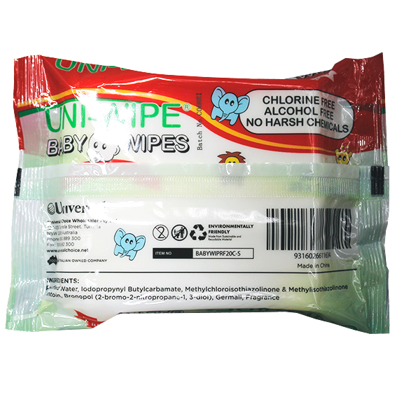 UNI-Wipe Baby Wipes Natural Scent Perfume-Free 20 x 18cm 20 Wipes/Resealable Pack - White x370