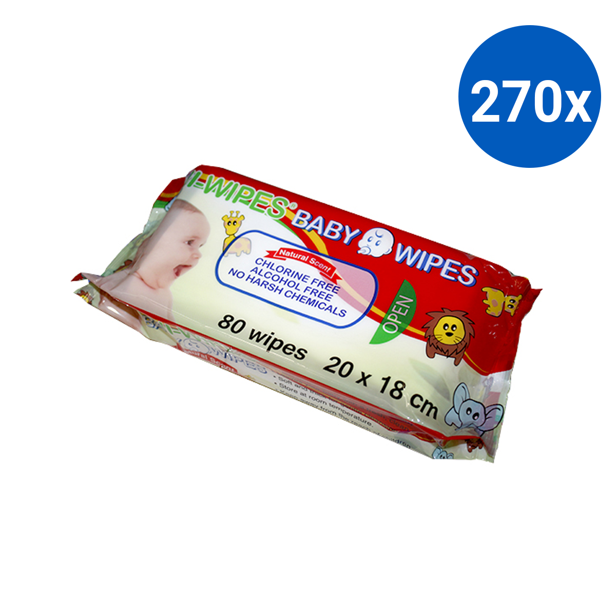 UNI-Wipe Baby Wipes Natural Scent Perfume-Free 20 x 18cm 80 Wipes Resealable Pack - White x270
