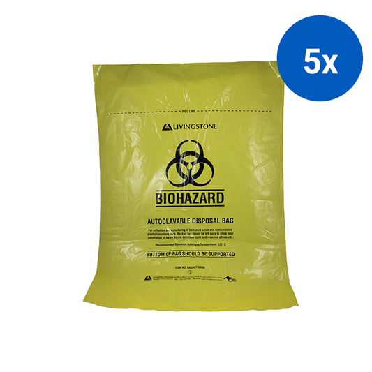 Livingstone Biohazard Autoclavable Waste Bag 70x90cm 70L 50um Open Diameter: 45cm Polypropylene 50/Pack 250/Carton - Yellow x5