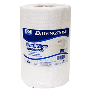 Livingstone Heavy Duty Bench Wipe And Hand Towel 23x38cm 38m Food Grade HACCP Certified Lint Free Surface Cleaning 100 Sheets/Roll - White x30