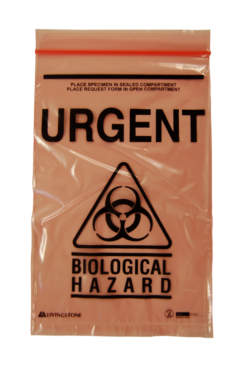 Livingstone Biohazard Specimen Bag 16x24.5cm 3-Ply 2 Compt 2000/Ctn - Red Tint x5
