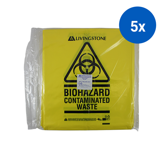 Livingstone Biohazard Waste Bag 55 x 70cm 33L 50um Recyclable LDPE 25/Pack 250/Carton - Yellow x5