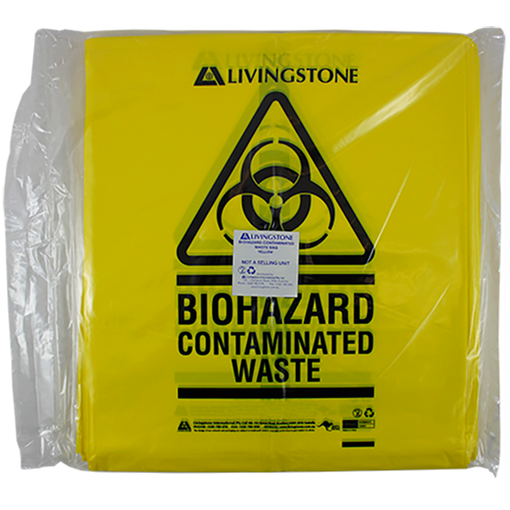 Livingstone Biohazard Waste Bag 55 x 70cm 33L 50um Recyclable LDPE 25/Pack 250/Carton - Yellow x5