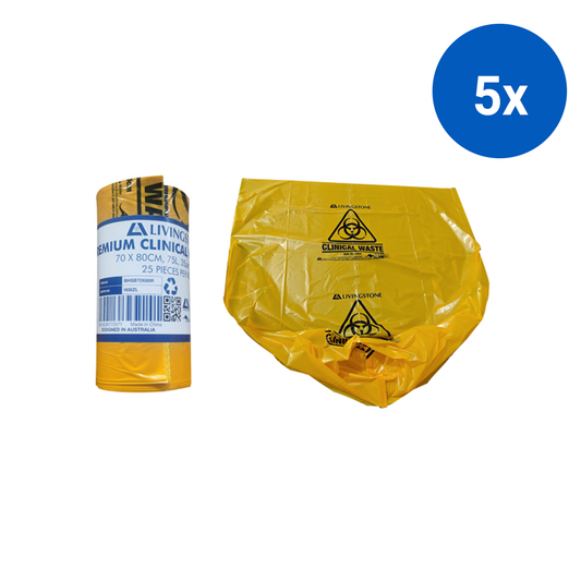 Livingstone Premium Clinical Waste Bags 70x80cm 75L 35um 25/Roll 10 Rolls/Carton - Yellow x5