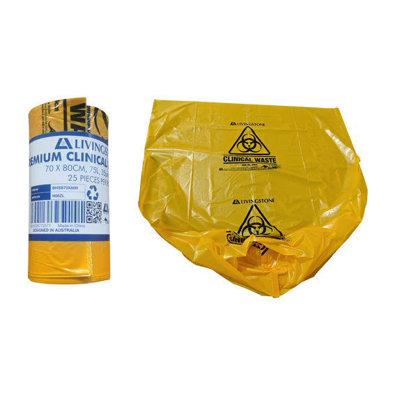 Livingstone Premium Clinical Waste Bags 70x80cm 75L 35um 25/Roll 10 Rolls/Carton - Yellow x5