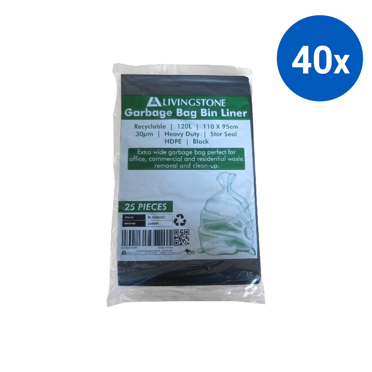 Livingstone Garbage Bag Bin Liner 120L Heavy Duty 25 Pcs/Pack - Black x40