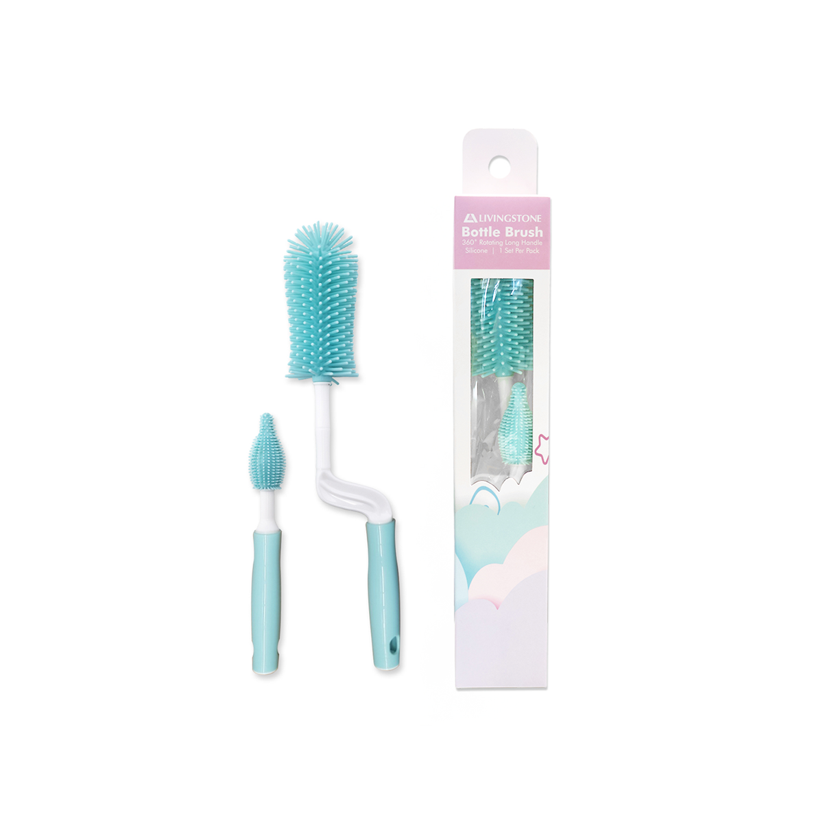 Livingstone Silicone Bottle Brush Set Upright Rotating Long Handle 1 Pair/Set - Blue x35