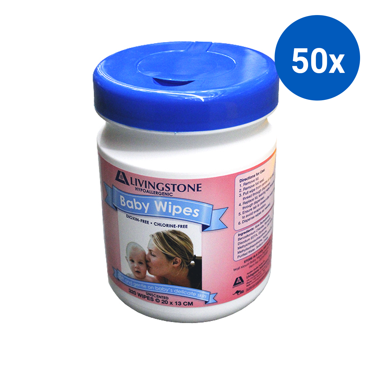Livingstone Baby Wipes Mild Scent 20 x 13cm 320 wipes/Tub - White x50