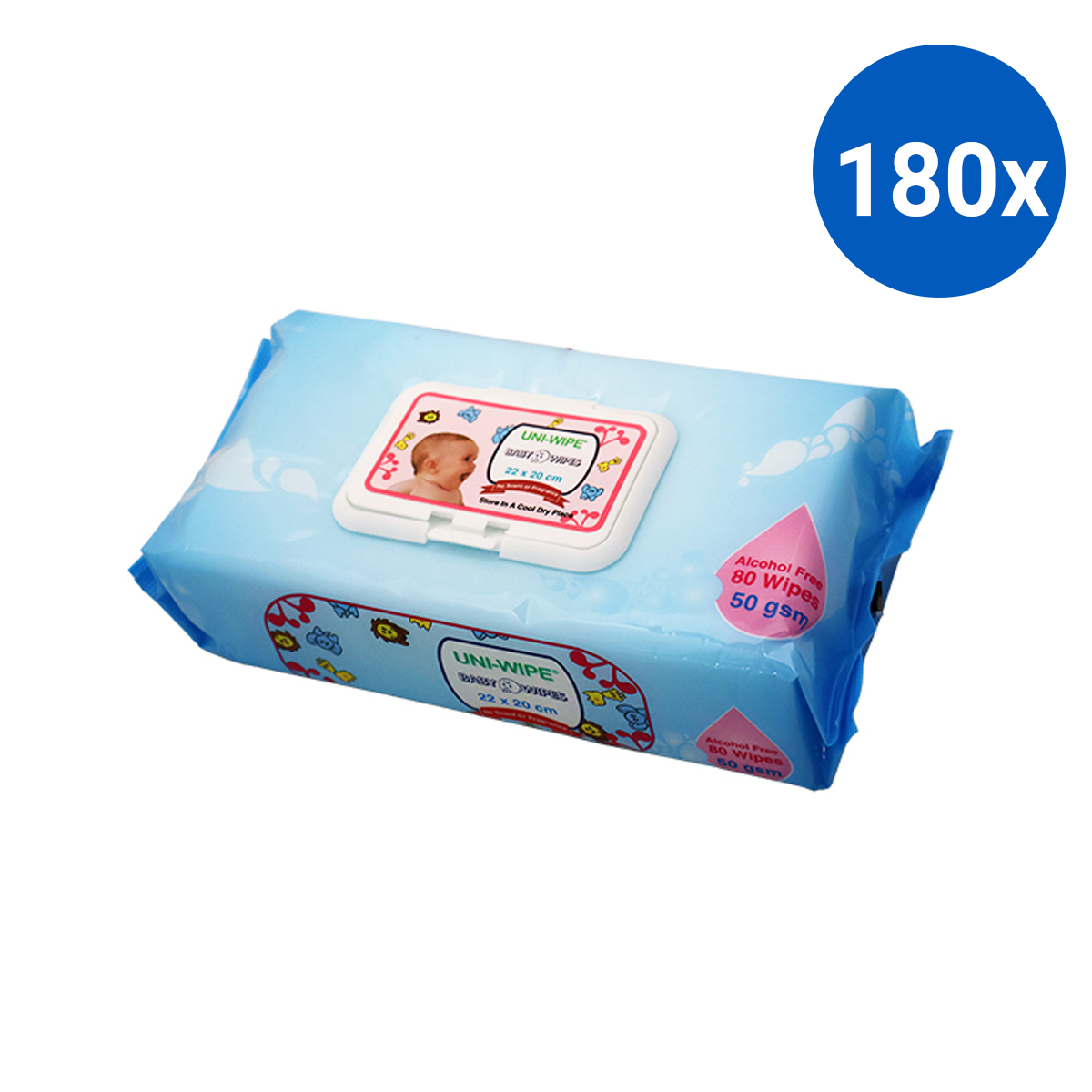 Uni-Wipe Baby Wipes Unscented with Hard Secure Lid Alcohol-Free 80/Pack - White x180