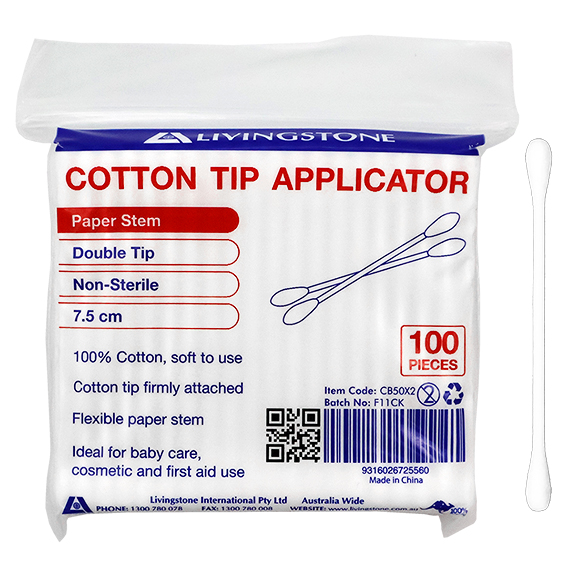 Livingstone Cotton Tip Applicator Double Tipped 7.5cm 100/Pack - White x410