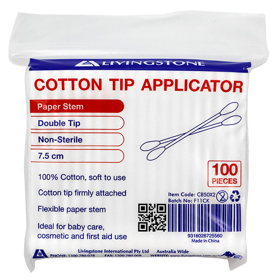 Livingstone Cotton Tip Applicator Double Tipped 7.5cm 100/Pack - White x410