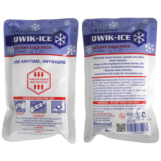 Qwik-Ice Instant Cold Pack Ammonium Nitrate Free 18 x 11cm 198 Square cm Polyethylene & Nylon Pouch - White x185