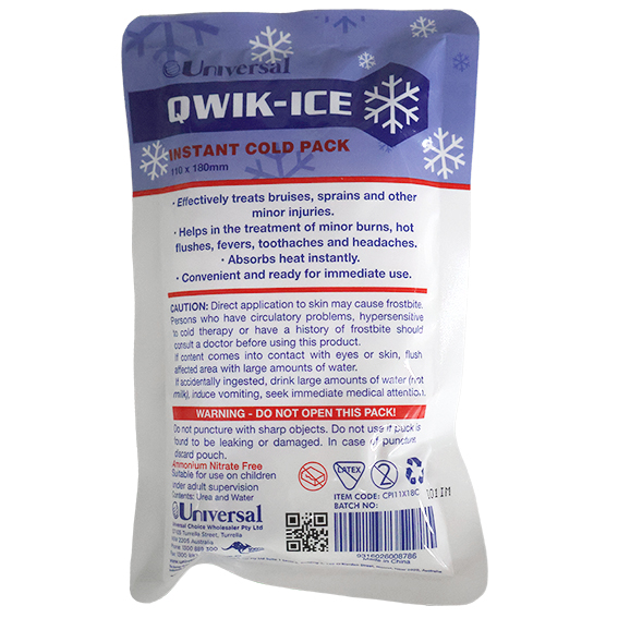 Qwik-Ice Instant Cold Pack Ammonium Nitrate Free 18 x 11cm 198 Square cm Polyethylene & Nylon Pouch - White x185
