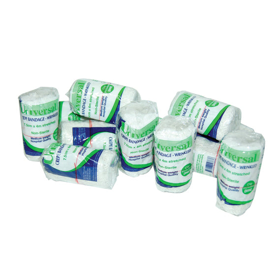 Universal Crepe Bandage 7.5cm x 2.3m Unstretched 4m Stretched 12/Pack - White x35
