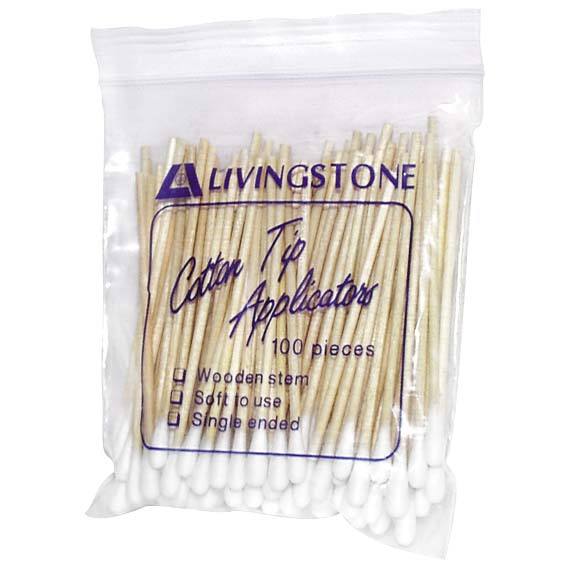 Livingstone Cotton Tip Applicator Single Tipped Biodegradable Wooden Stem 7.5cm 100/Pack - Brown x410