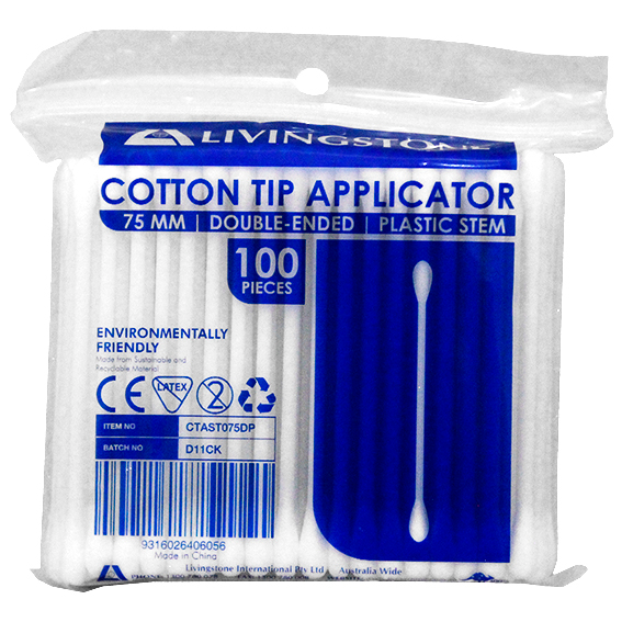 Livingstone Cotton Tip Applicator Double Tipped Plastic Stem 7.5cm 100/Pack - White x520