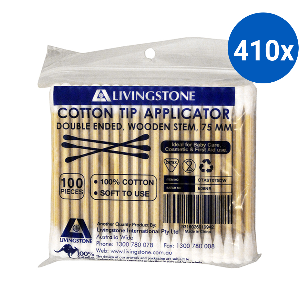 Livingstone Cotton Tip Applicator Double Tipped Biodegradable Wooden Stem 7.5cm 100/Pack - Brown x410