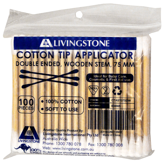 Livingstone Cotton Tip Applicator Double Tipped Biodegradable Wooden Stem 7.5cm 100/Pack - Brown x410