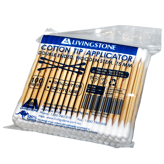 Livingstone Cotton Tip Applicator Double Tipped Biodegradable Wooden Stem 7.5cm 100/Pack - Brown x410