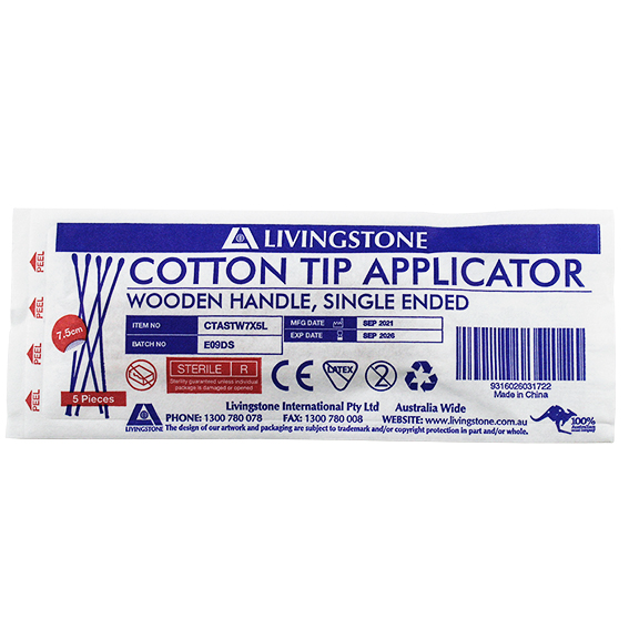 Livingstone Cotton Tip Applicator Single Tipped Wooden Stem 7.5cm Sterile 5/Pack 1000 Packs/Carton - White x5
