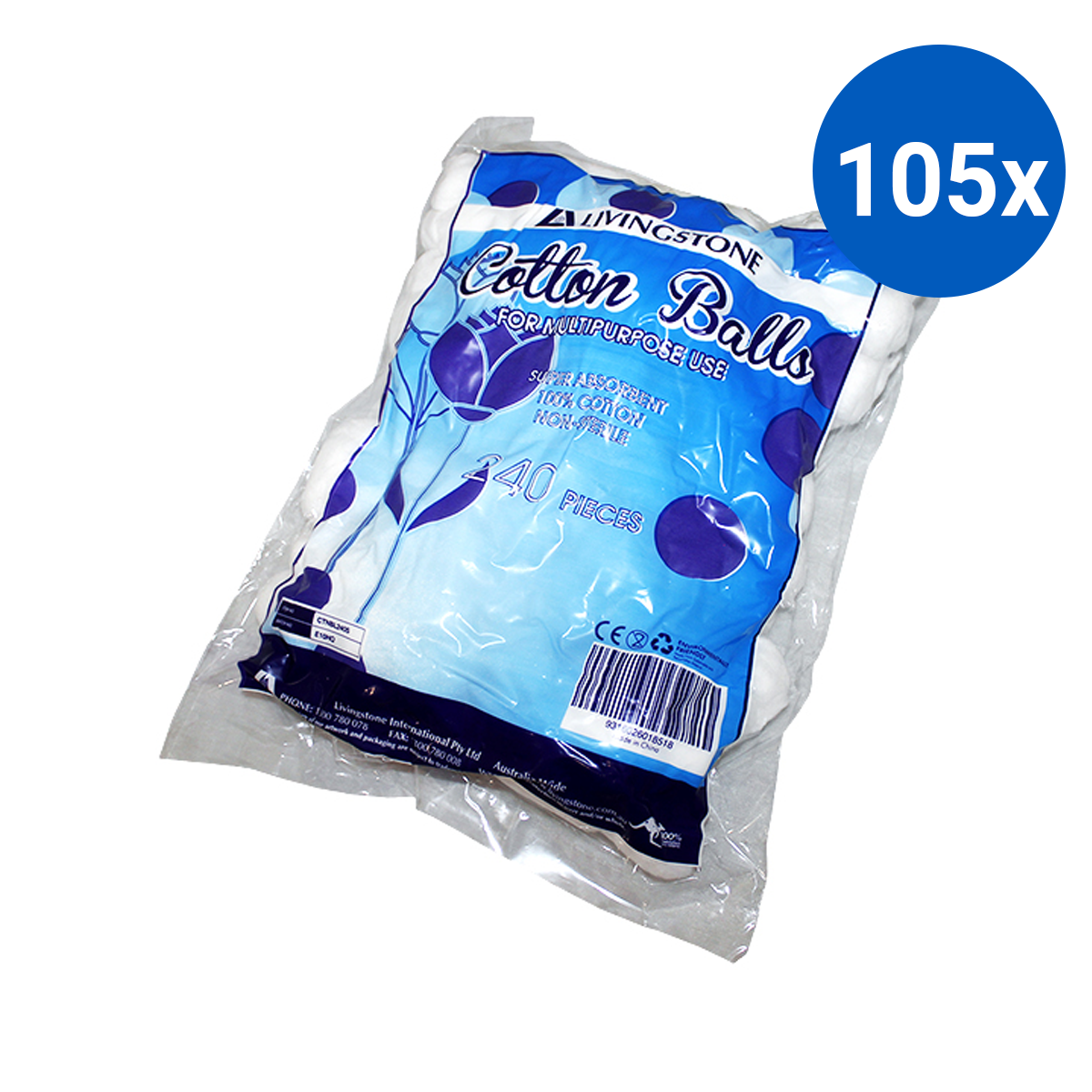 Livingstone Cotton Balls with Natural Fibres 0.6g Non-Sterile 240/Bag - White x105
