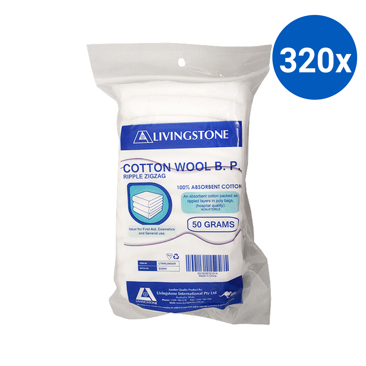 Livingstone Cotton Wool 100% Absorbent Cotton 50g Rippled Zigzag Non-Sterile - White x320
