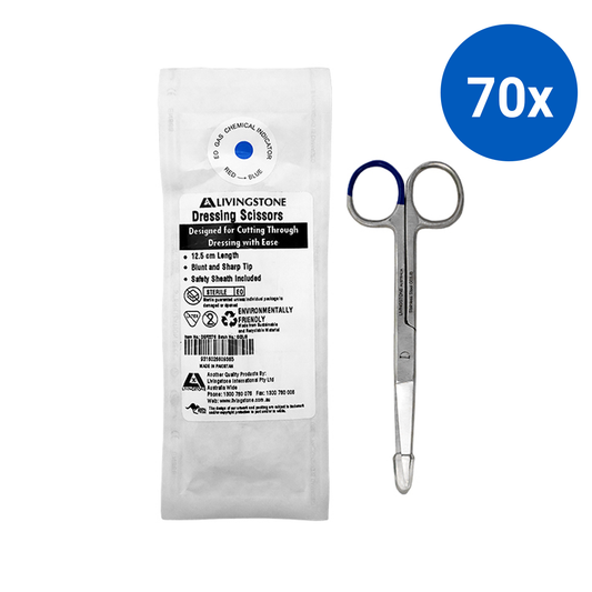 Livingstone Dressing Surgical Scissors Sterile 12.5cm Sharp/Blunt Straight Stainless Steel Peel Pack - Silver x70