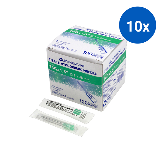 Livingstone Hypodermic Needles 14G (2.1mm) x 1.5" (38mm) Sterile 100 Pcs/Box - Silver x10