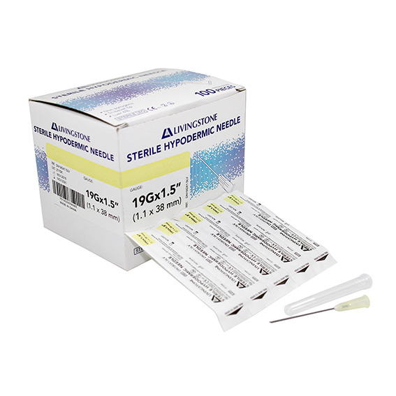 Livingstone Hypodermic Needles 19G (1.1mm) x 1.5" (38mm) 100/Box - Silver x105