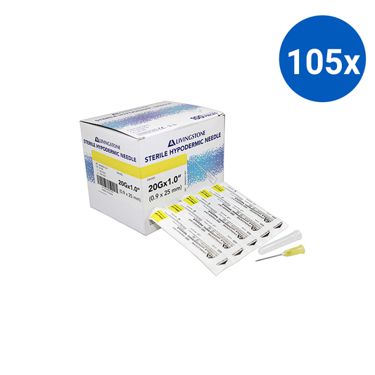 Livingstone Hypodermic Needles 20G 0.9mm x 1 Inch 25mm Sterile 100 Pcs/Box - White x105