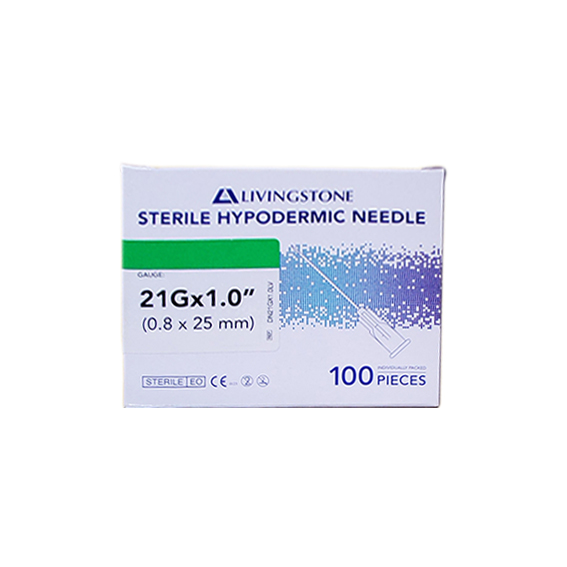 Livingstone Hypodermic Needles 21G (0.8mm) x 1" (25mm) Sterile 100 Pcs/Box - Silver x105