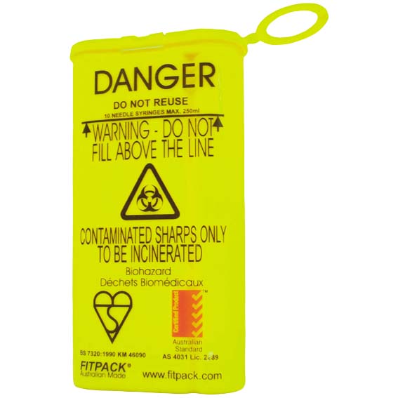 Fitpack 5-Pack Needles Sharps Waste Collector 250ml Capacity 153 x 80.5 x 38mm - Yellow x70