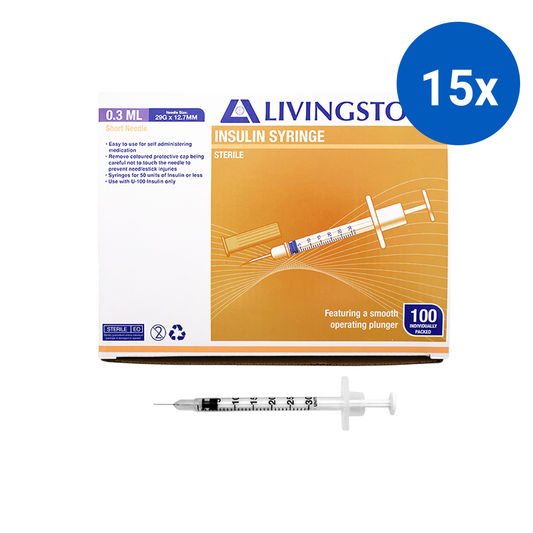 Livingstone Insulin Syringes 0.3ml with Needle 29G x 12.7mm 100/Box - White x15