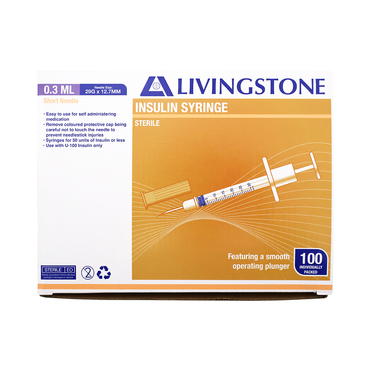 Livingstone Insulin Syringes 0.3ml with Needle 29G x 12.7mm 100/Box - White x15