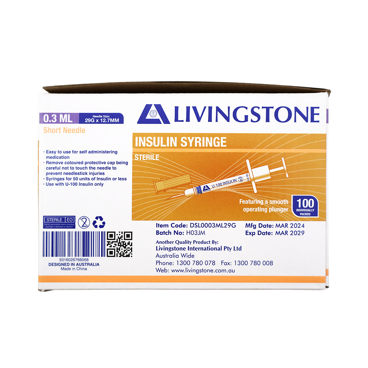 Livingstone Insulin Syringes 0.3ml with Needle 29G x 12.7mm 100/Box - White x15