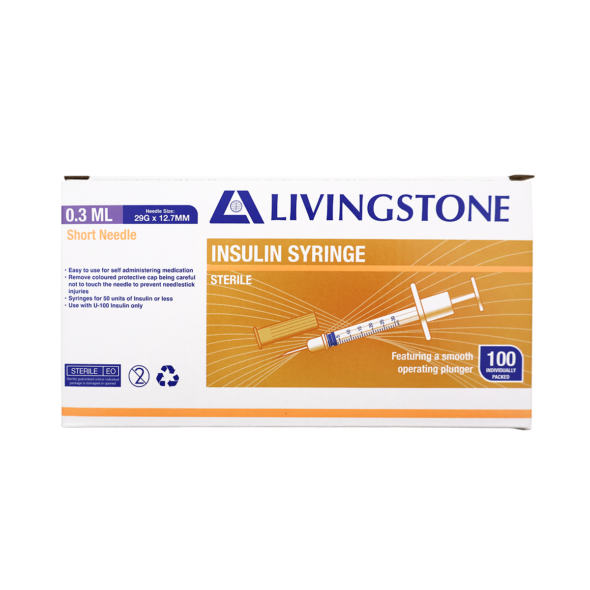 Livingstone Insulin Syringes 0.3ml with Needle 29G x 12.7mm 100/Box - White x15