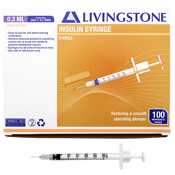 Livingstone Insulin Syringes 0.3ml with Needle 29G x 12.7mm 100/Box - White x15