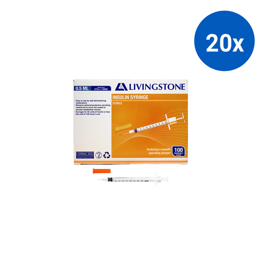 Livingstone Insulin Syringes 0.5ml with Needle 27G x 0.5" 13mm Sterile 100 Pcs/Box - White x20