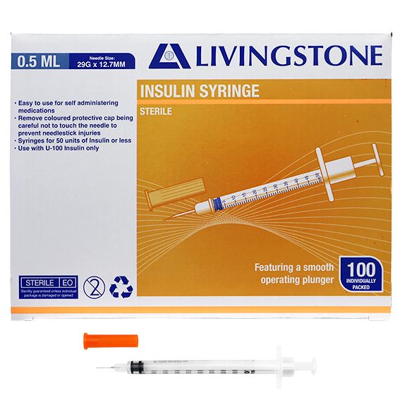 Livingstone Insulin Syringes 0.5ml with Needle 29G x 12.7mm Sterile 100 Pcs/Box - White x20
