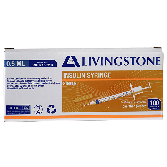 Livingstone Insulin Syringes 0.5ml with Needle 29G x 12.7mm Sterile 100 Pcs/Box - White x20