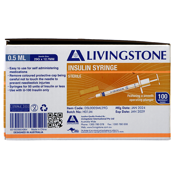 Livingstone Insulin Syringes 0.5ml with Needle 29G x 12.7mm Sterile 100 Pcs/Box - White x20