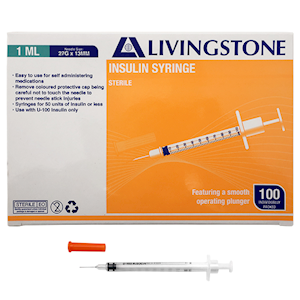 Livingstone Insulin Syringes 1ml with White Plunger and Needle 27G x 0.5 Inch 100 Pieces/Box - Clear x20
